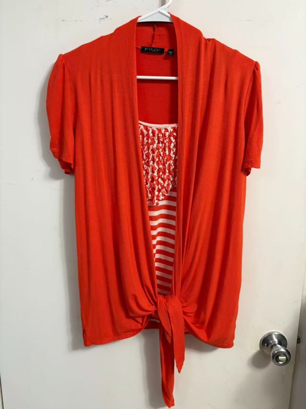 FYLO Womens Size Large Orange 2 In 1 Layered Short Sleeve Striped Top Cardigan